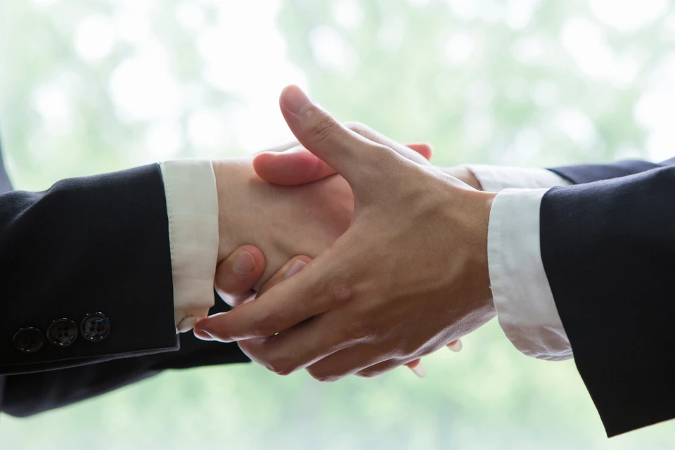 Deux hommes d'affaires en costumes sombres se serrent la main dans un bureau lumineux avec vue sur verdure floue en arrière-plan